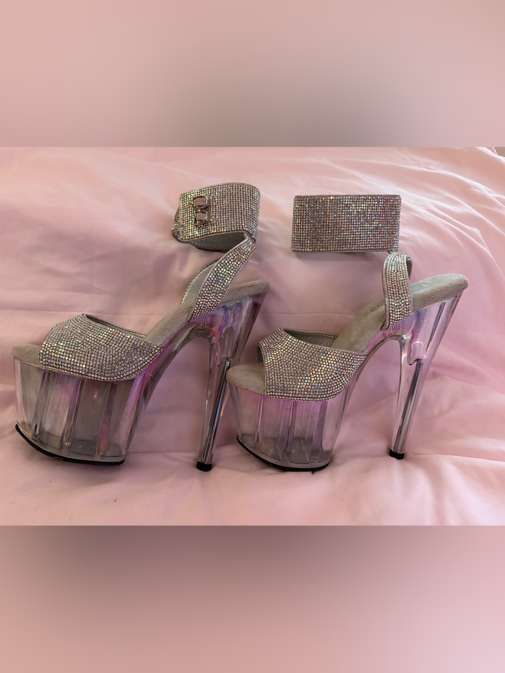 Crystal Embellished Clear Platform Heels - Silver